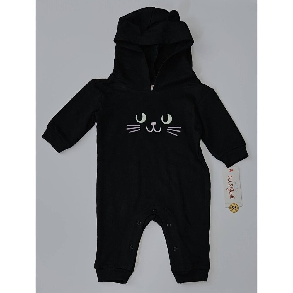 NEW Black Cat Halloween Outfit Baby 0-3 Months Hooded PINK FACE Cat & Jack